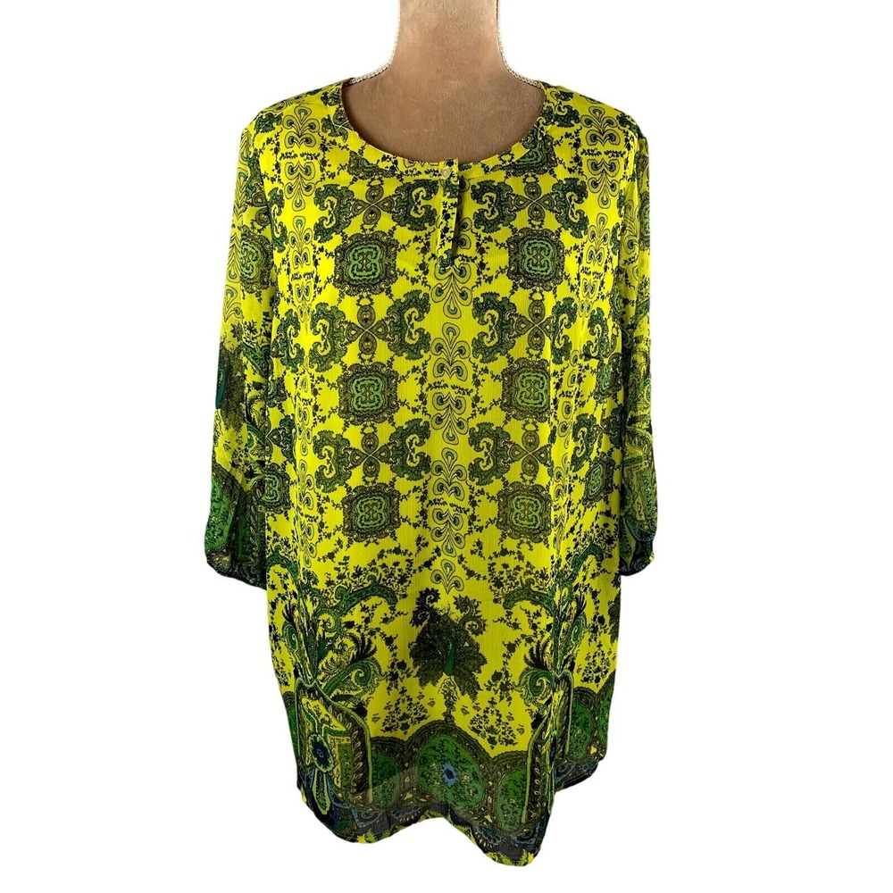 Liz Claiborne Tunic Top Womens 1X Yellow Green Paisley 3/4 Sleeve Blouse‎ Office